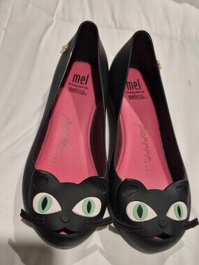 Melissa Kids Black Cat Flats with Pink Insole and Green Eyes